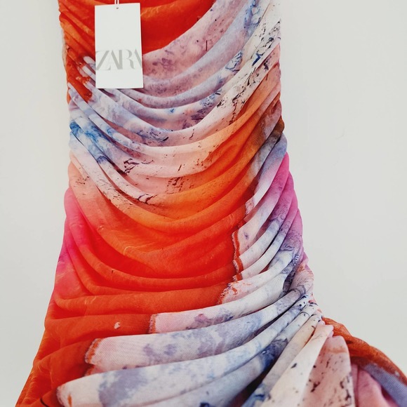 Zara Watercolor Print Tulle Sleeveless Mini Dress Medium Pink Orange Blue - Picture 6 of 10